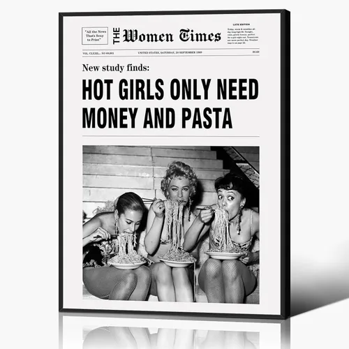 Arte de pared de periódico vintage, póster estético moderno en blanco y negro de 12 x 16 pulgadas, enmarcado en negro, impresiones de pasta para