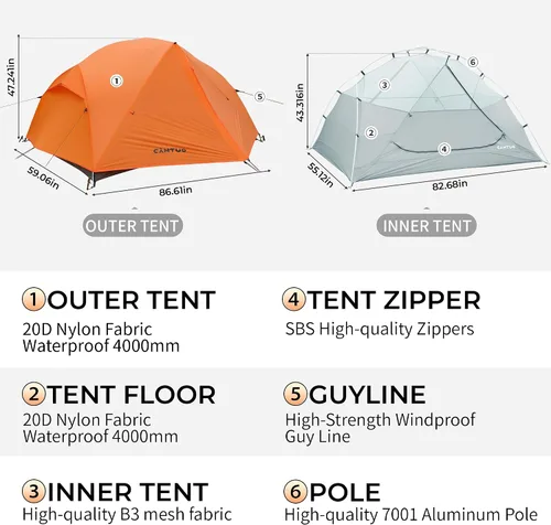 Miniatura 2 de CANTUO 2/3 persona mochilero tienda 4 temporada con huella 20D ultraligero 4.12 libras 157.480 in impermeable y resistente al viento tiendas