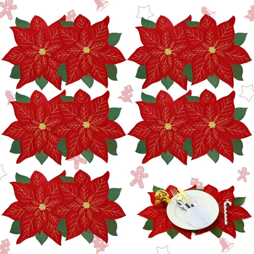 Yingzhao Juego de 6 manteles individuales de Navidad con poinsettia bordados de doble capa con aplicación de flores rojas de Navidad para decoración