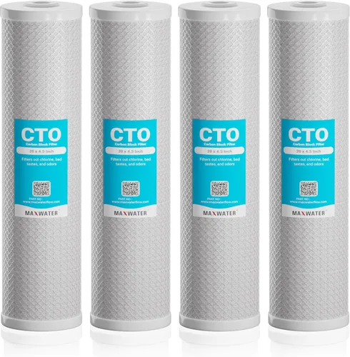 Max Water CTO - Filtro de agua de bloque de carbono con carcasa de coco de 5 micrones, 20 x 4.5 pulgadas, para toda la casa, filtro de cáscara de
