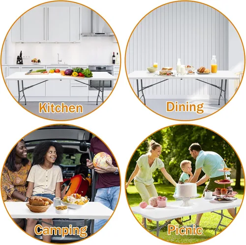 Miniatura 5 de Mesa de comedor de 6 pies, mesa plegable de plástico, para acampar en interiores y exteriores, picnics y fiestas, color blanco, capacidad de carga