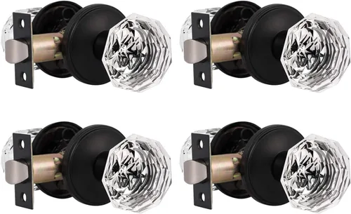 Miniatura 23 de Gobrico Pomo de puerta de cristal para dormitorio y baño con roseta clásica negro mate, diamante transparente octogonal para puerta interior, 1