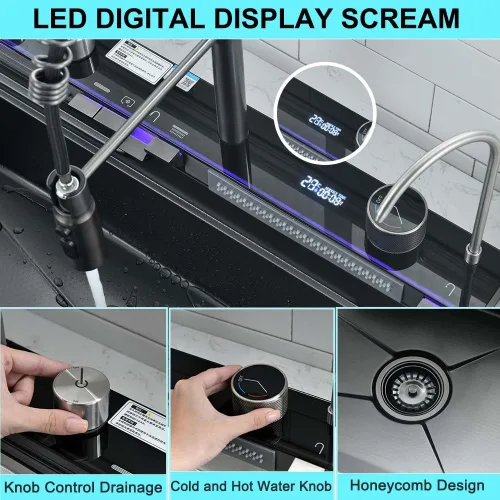 Miniatura 6 de Fregadero de cocina de cascada negro de 30 pulgadas con grifo extraíble, fregadero de cascada de 30 x 18 pulgadas, pantalla digital negra