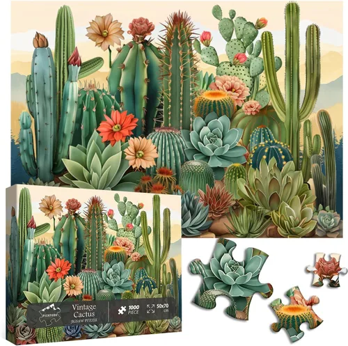Rompecabezas vintage de plantas de cactus para adultos de 1000 piezas en adelante, rompecabezas de suculentas retro de PICKFORU como decoración del