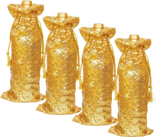 Miniatura 13 de SquarePie Bolsa de regalo de vino de lentejuelas negras, 4 piezas con cordones de 5.5 x 14 pulgadas, fundas de botellas con purpurina para Navidad