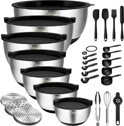 Wildone Cuencos para mezclar con tapas herméticas, 27 PCS Cuencos de acero inoxidable anidables, con 3 accesorios de rallador, marca de escala y