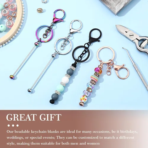Miniatura 6 de Huwena 6 piezas de llaveros con cuentas, barras en blanco, llavero de cuentas de metal para colgante, manualidades, joyería, regalo Varios