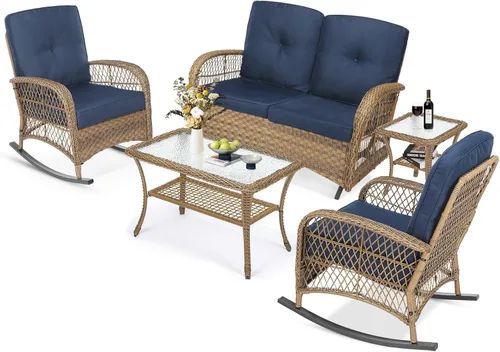 Miniatura 24 de MEETWARM Juego de 3 piezas de mimbre giratorio para patio al aire libre, mecedoras, juegos de muebles de patio de ratán con cojín grueso y mesa