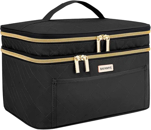 Miniatura 12 de BAFAMYE Bolsa de Maquillaje de Viaje de Doble Capa para Mujeres, Estuche Cosmético Grande, Organizador para Accesorios de Tamaño de Viaje, Botellas