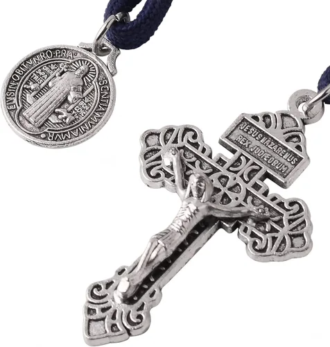 Miniatura 5 de Rosario de bolsillo estilo abierto una década de acero inoxidable rosario católico con crucifijo medalla de San Benito con bolsa de regalo