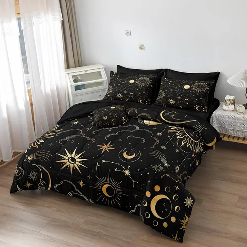 Miniatura 3 de Bedding_Dreamer Black and Gold Queen Bed in a Bag Sun and Moon Bedding Set Mysterious Space Home Decor Galaxy Down Comforter Black Sheet Sets 8 Pcs