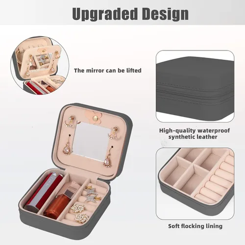 Miniatura 4 de Joyero de viaje con espejo, mini organizador portátil para anillos, aretes, collares, regalos para niñas y mujeres