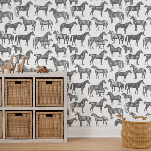 Miniatura 7 de Papel tapiz autoadhesivo de 6 x 2 pies – Caballos victorianos impresión grande blanco y negro estilo vintage Pony ecuestre personalizado extraíble