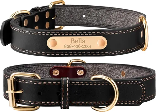 Miniatura 2 de Collar personalizado para perro, cuero vegano negro suave grabado, tamaño pequeño, mediano o grande con placa de nombre (XS)