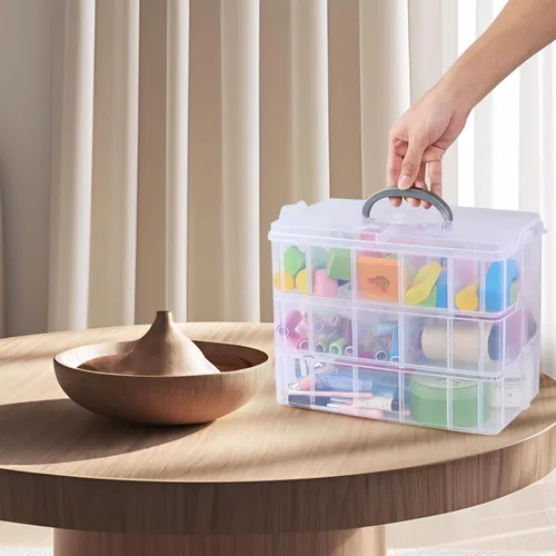 Miniatura 4 de Caja de almacenamiento apilable de plástico con 30 compartimentos ajustables, 3 niveles, organizadores de manualidades apilables transparentes