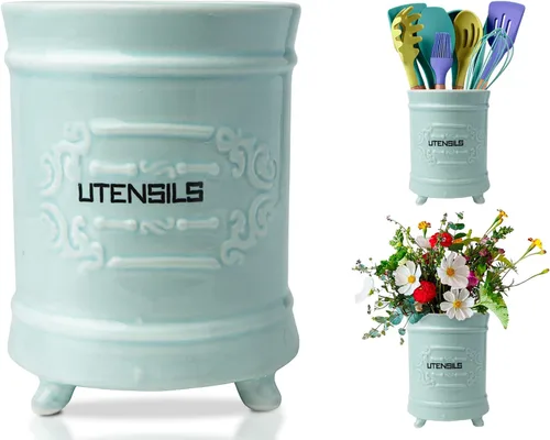 Comfify Soporte para utensilios de cocina de cerámica azul francés, estilo vintage, organizador de utensilios de cocina de diseño antiguo,