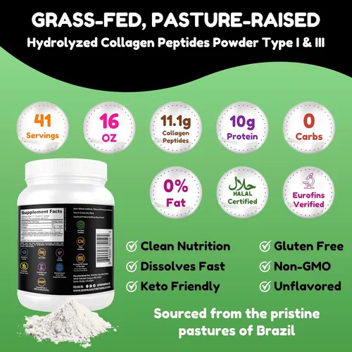 Miniatura 2 de SHIFAA NUTRITION - Polvo de péptidos de colágeno halal y alimentado con pasto 1 lb. 800 g, polvo de péptidos de colágeno hidrolizado sin sabor tipo