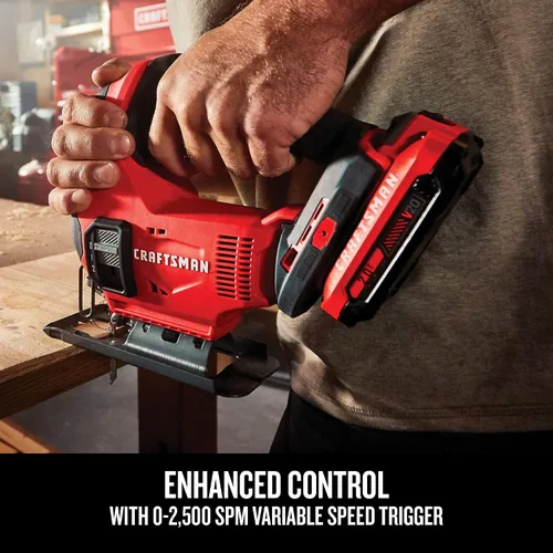 Miniatura 6 de CRAFTSMAN Kit de sierra caladora inalámbrica V20, 3 ajustes orbitales, hasta 2,500 SPM, batería y cargador incluidos (CMCS600D1)