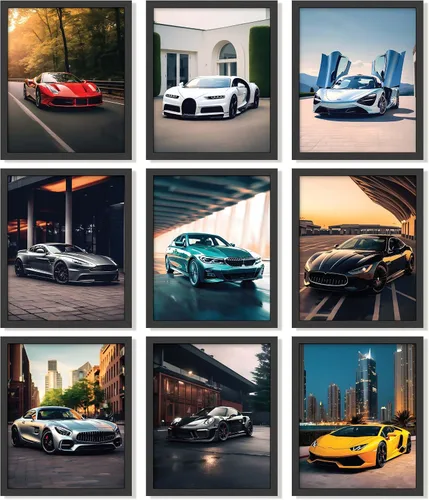 97 DECOR Pósteres ENMARCADOS de Super Coches para Habitación de Niños - Impresiones Modernas de Arte de Pared de Coches, Póster de Coche Deportivo