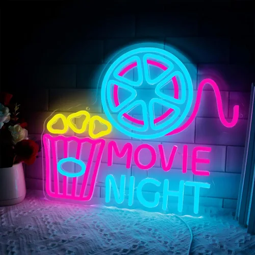 Letrero de neón para decoración de pared con caja de papel de palomitas de cine, luz LED de neón para cine en casa, decoración de cine en casa,
