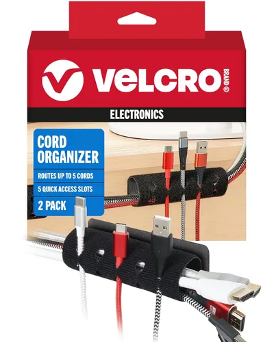 VELCRO Brand Organizador de cables para escritorio y mesita de noche, 5 ranuras para cables con enrutamiento de mangas, soporte de alambre adhesivo