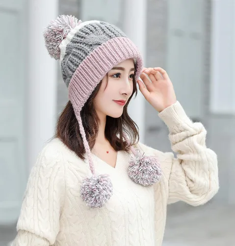 Miniatura 4 de HUAMULAN - Gorro de invierno para mujer estilo peruano con forro polar, solapas para orejas, doble capa, con pompones