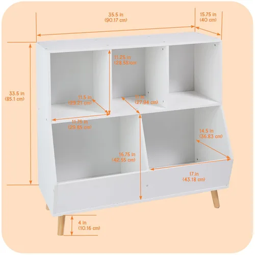 Miniatura 3 de Badger Basket Cubo de almacenamiento de 5 cubos con pies, organizador de madera para juguetes, libros y exhibición, con estante superior, cubos