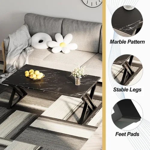 Miniatura 8 de Wolawu - Mesa de café para sala de estar, mesa central negra, mesa de té rectangular moderna y simple de mármol falso con marco de metal acabado