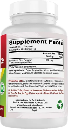 Miniatura 6 de Best Naturals, Arroz de levadura roja, cápsulas de 600 mg, 120 cápsulas, 2 cápsulas por porción/1200 mg por porción