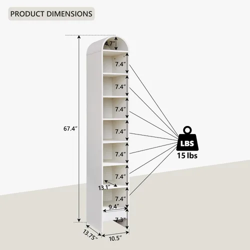 Miniatura 2 de IFGET Armario de almacenamiento de zapatos arqueado de 67 pulgadas de alto, 8 niveles y 8 pares de zapateros de madera con 3 estantes ajustables