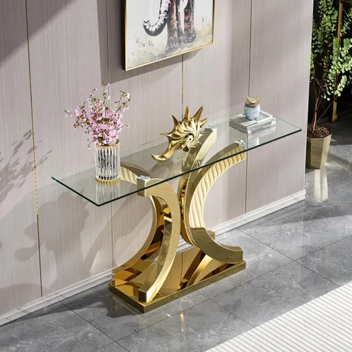 Miniatura 169 de Mesa de centro de cristal de lujo, mesa de centro de sofá de 47 pulgadas con marco de acero inoxidable dorado y parte superior de vidrio negro, mesa