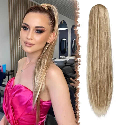 Miniatura 8 de FESHFEN Extensiones de cola de caballo rectas, colas de caballo largas con cordón, cola de caballo sintética con clip para mujer, color negro