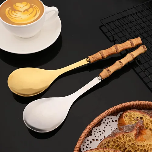 Miniatura 4 de JASHII Juego de cubiertos de 30 piezas con mango de bambú, juego de cubiertos dorados de acero inoxidable 304, servicio para 4, con 2 cucharas