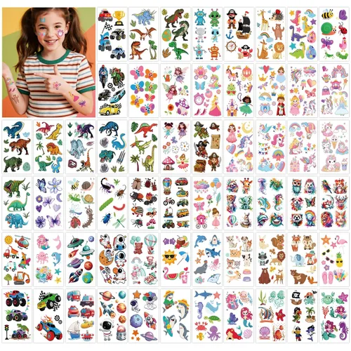 Más de 326 tatuajes temporales para niños, 60 hojas de tatuajes falsos de acuarela pequeños con sirena, camión, animales, princesas, pirata, Verde