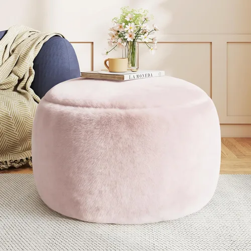 Miniatura 9 de Puf otomano redondo de relleno, pufs de piel sintética con relleno de espuma viscoelástica, otomanas para sala de estar, guardería, dormitorio, Gris