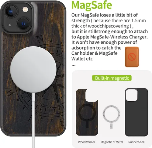 Miniatura 4 de Carveit Funda magnética de madera para iPhone 13 [madera real dura y TPU suave] Funda protectora híbrida de madera única y elegante a prueba