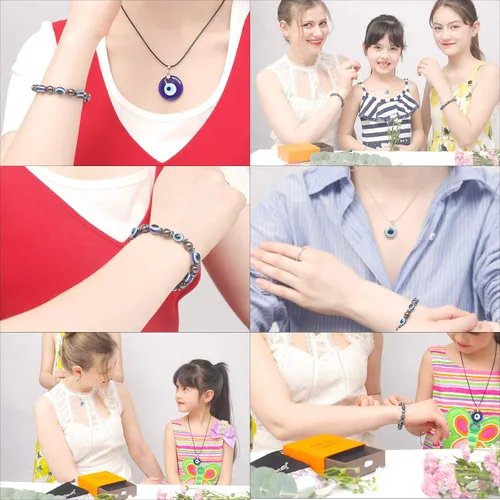 Miniatura 5 de WBRWP- Juego de collar con colgante de mal de ojo cristal de ojo azul con cadena de cuerda de cuero, acero inoxidable, protección turca