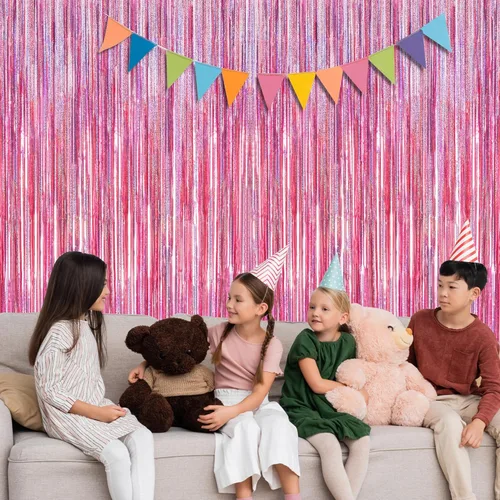 Miniatura 6 de Paquete de 2 fondos rosa brillante, 3.28 × 7.05 pies, cortinas de flecos láser metálicas, ideales como decoración de cumpleaños, fondo para fotos