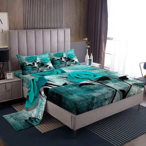 Miniatura 15 de Erosebridal Juego de sábanas turquesa tamaño individual para niñas y mujeres, juego de sábanas color verde azulado y gris degradado para adultos