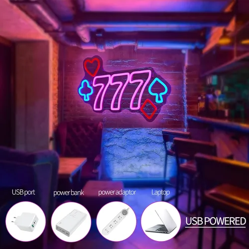 Miniatura 6 de Señales de neón del Casino 777 para decoración de pared, señal de luz LED rosa para decoración de sala de póker, señal iluminada para decoración
