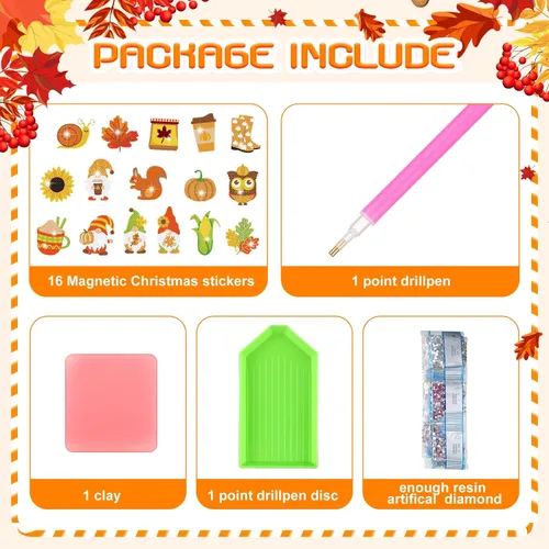 Miniatura 2 de Umigy 16 imanes de arte de diamantes de otoño para refrigerador, hojas de calabaza, girasol, Acción de Gracias, pintura de diamantes, kits de gemas