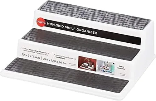 Miniatura 7 de Copco Organizador de especias antideslizante de 3 niveles para armario de cocina o despensa, estante escalonado de 15 pulgadas, blanco/gris, diseño