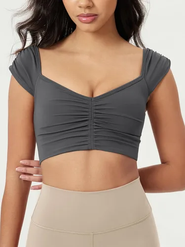 Miniatura 37 de ODODOS Camiseta corta sin mangas con cuello en V y frente fruncido para mujer, recortada en la espalda, manga casquillo