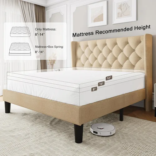 Miniatura 5 de Einhomn Base de cama de plataforma de tamaño matrimonial con cabecera tapizada de tela, 10 pulgadas debajo de la cama, soporte de listones de madera