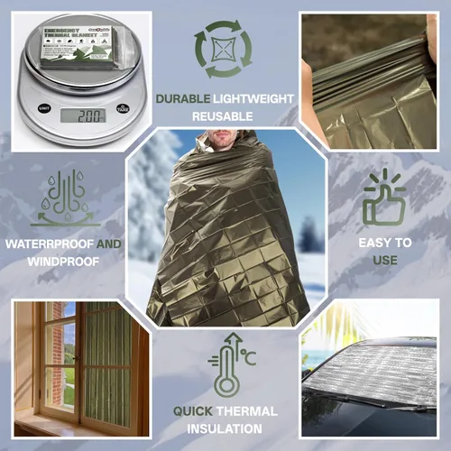 Miniatura 4 de SecuCaptain Mantas térmicas de emergencia de supervivencia: extra grande de 84" x 63" kit de manta de Mylar espacial para exteriores, invierno frío