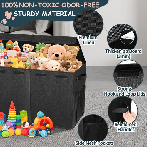 Miniatura 4 de Caja de juguetes extragrande con tapas, organizador de almacenamiento plegable y resistente para niños, cesta grande con divisores para niños y Negro