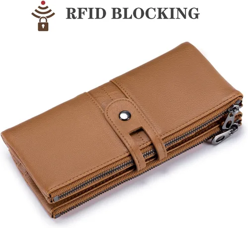 Miniatura 5 de Cartera para mujer, de gran capacidad, de piel auténtica, plegable, con bloqueo RFID, tarjetero con bolsillo con cremallera
