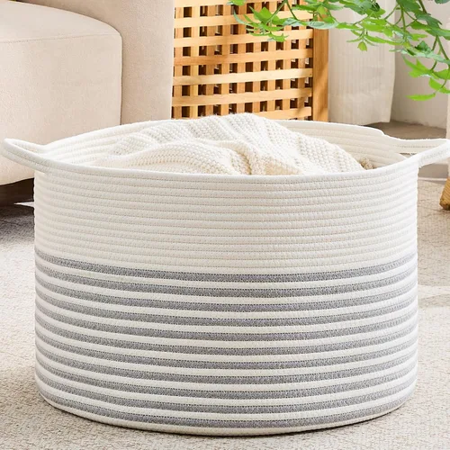 Miniatura 30 de KAKAMAY Cesta grande para manta (20 x 13 pulgadas), cestas tejidas para almacenamiento de ropa sucia de bebé, canasta de manta de cuerda de algodón