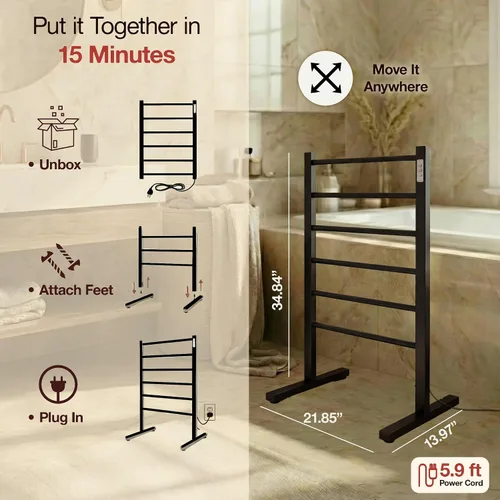 Miniatura 7 de Ibiza Freestanding Towel Warmer, Black, Plug-in, 6 Bars