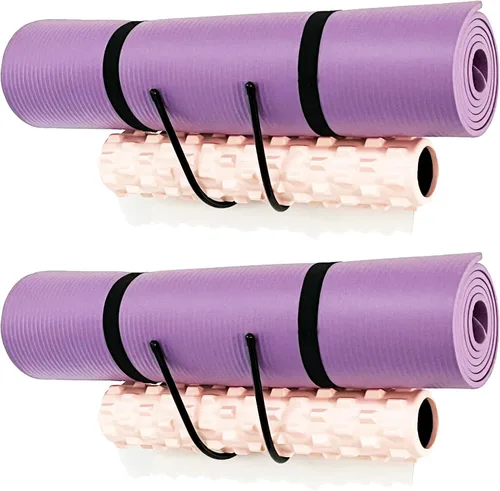Paquete de 2 soportes grandes para esterillas de yoga de montaje en pared, organizador de estante de pared para esterilla de yoga/ruedas, rodillo de